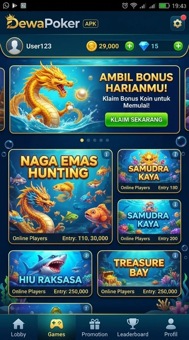 Layar utama dewapoker — antarmuka bersih setelah instalasi